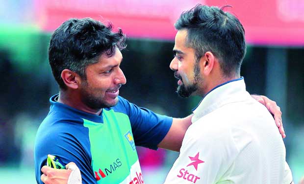 Virat Kohli congratulating Sangakkara on his retirement after the India-Sri Lanka match. Virat Kohli congratulating Sangakkara on his retirement after the India-Sri Lanka match.